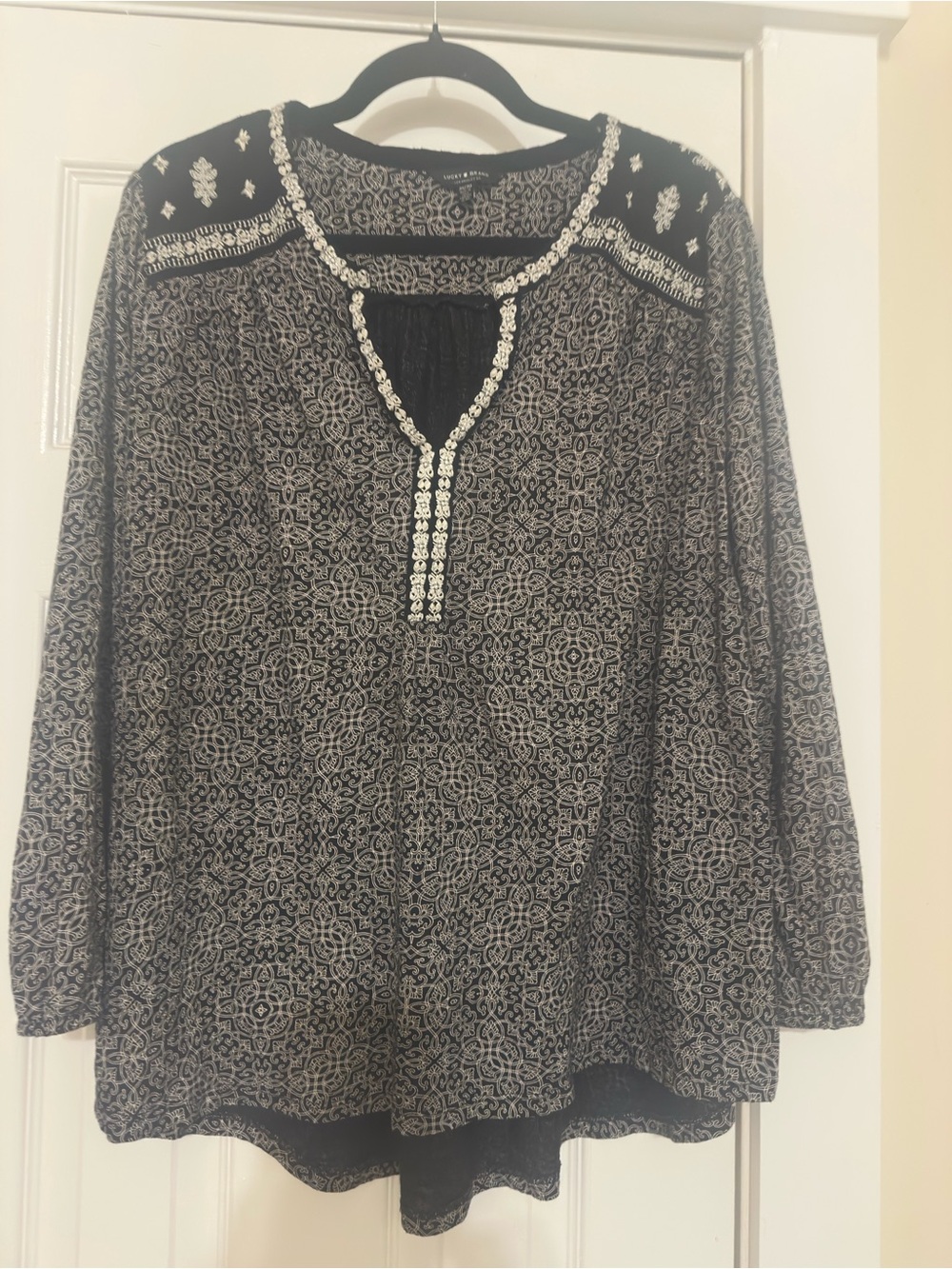 Lucky Brand Black and White Embroidered Tunic Blouse
